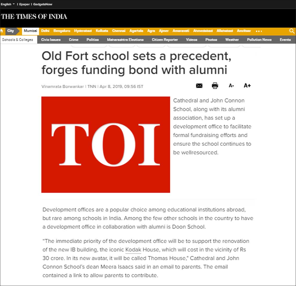 Old fort school sets a precedent, forges funding bond with alumni, The Times of India - April 2019